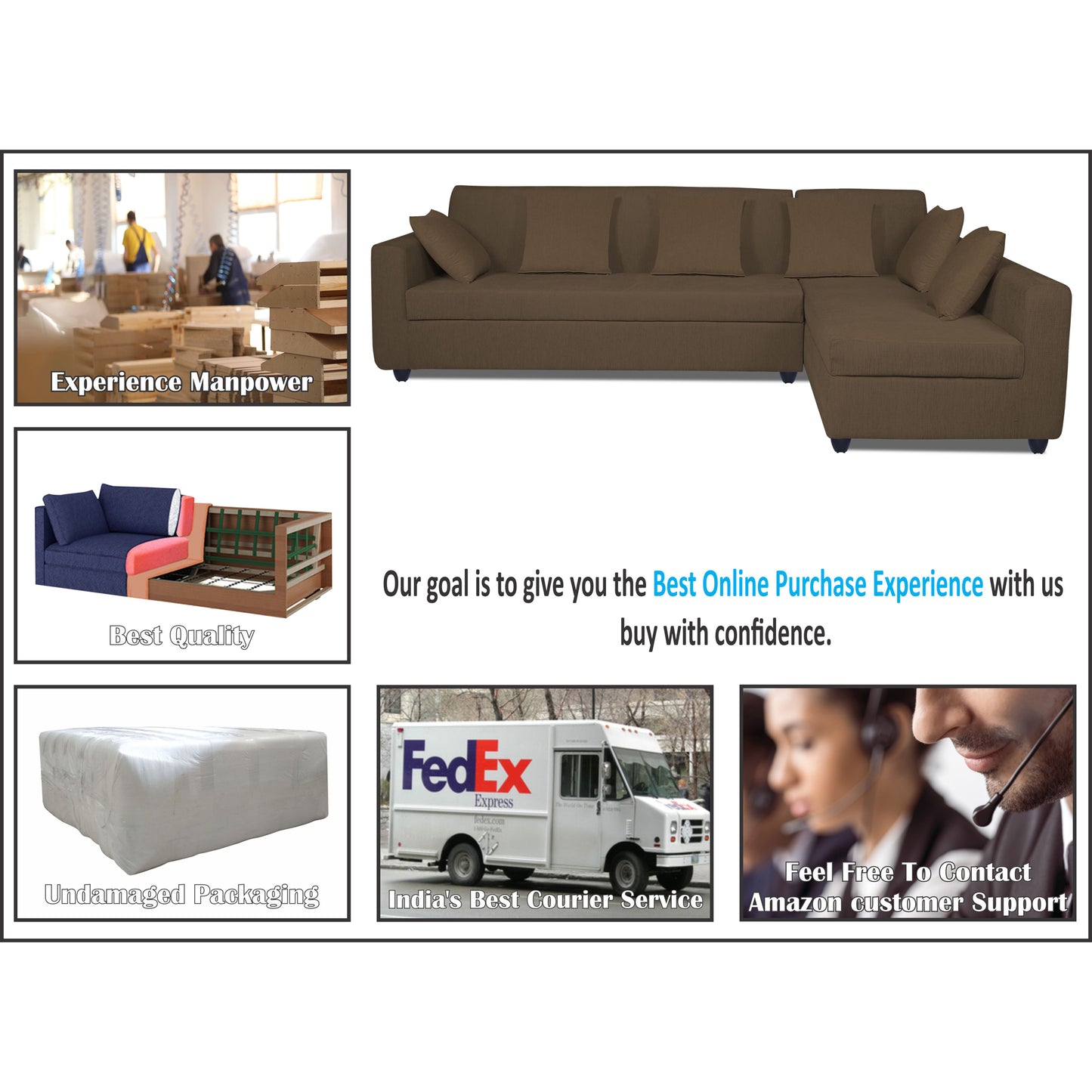 Adorn India Rio Decent L Shape 6 Seater Corner Sofa Set Right Side Handle (Brown) (3 Year Warranty)